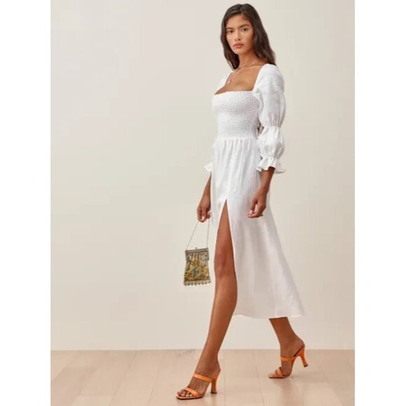 Reformation White Hyland Dress 100% Linen Off Shoulder Bohemian, Size S, NWT! - Picture 9 of 9